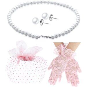 4 Pcs 50s Fascinators Hat for Women Tea Party with Short Lace Gloves Pearl